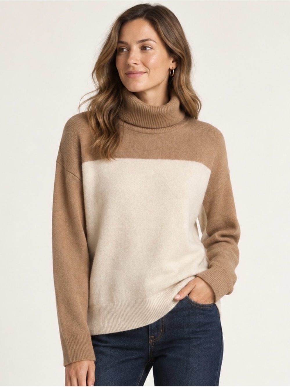 Brodie 100% Cashmere Colorblock Turtleneck Sweater Camel Ivory NWOT